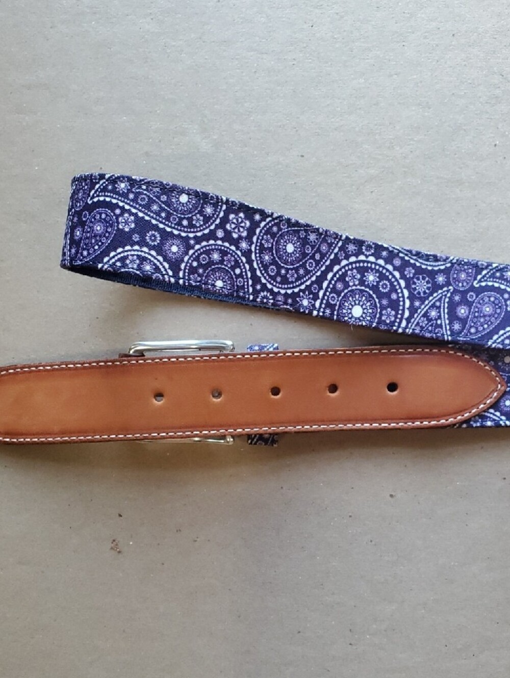 Bullock & Jones Purple Paisley Fabric Belt with Brown Leather Accents 42 - Picture 7 of 10